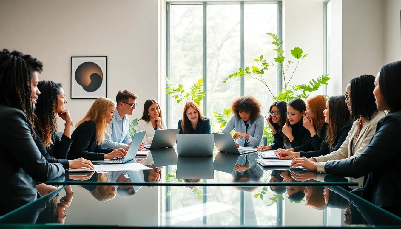 diverse professionals brainstorming in a modern office setting.